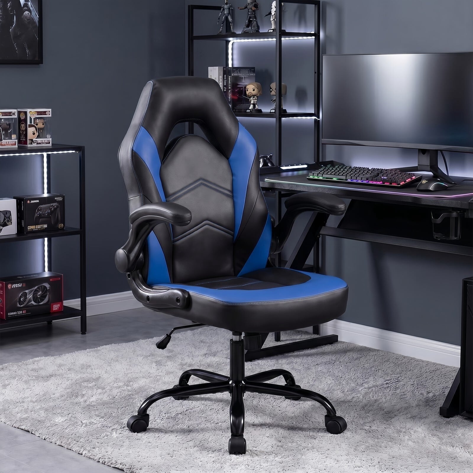 Kelno Ergonomic Gaming Chair PU Leather Computer Desk Chair with Lumbar Support Adjustable Height Flip-Up Armrests Swivel Wheels, Blue