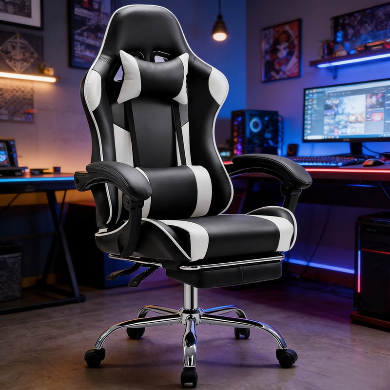 Kelno Ergonomic Gaming Chair with Headrest Pillow Lumbar Support Cushion PU Leather Swivel Recliner, Black White