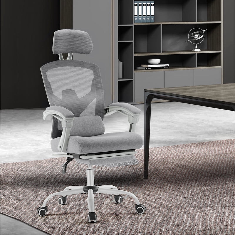 Kelno Ergonomic Office Chair High Back Reclining Swivel Desk Chair Retractable Footrest, Grey