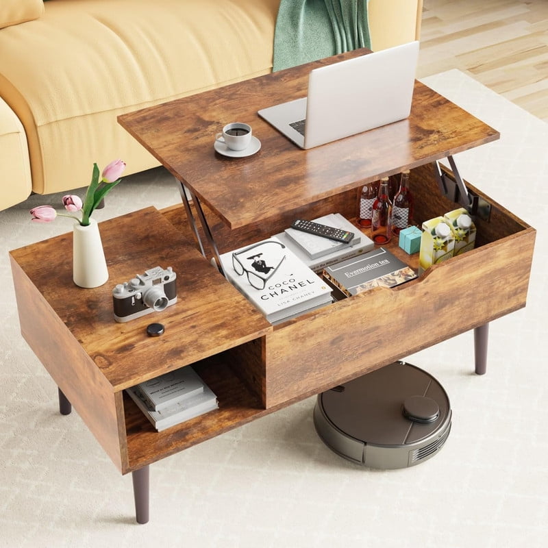Kelno Lift Top Coffee Table with Hidden Storage Adjustable Height Wood Center Table with Shelf,Rustic Brown