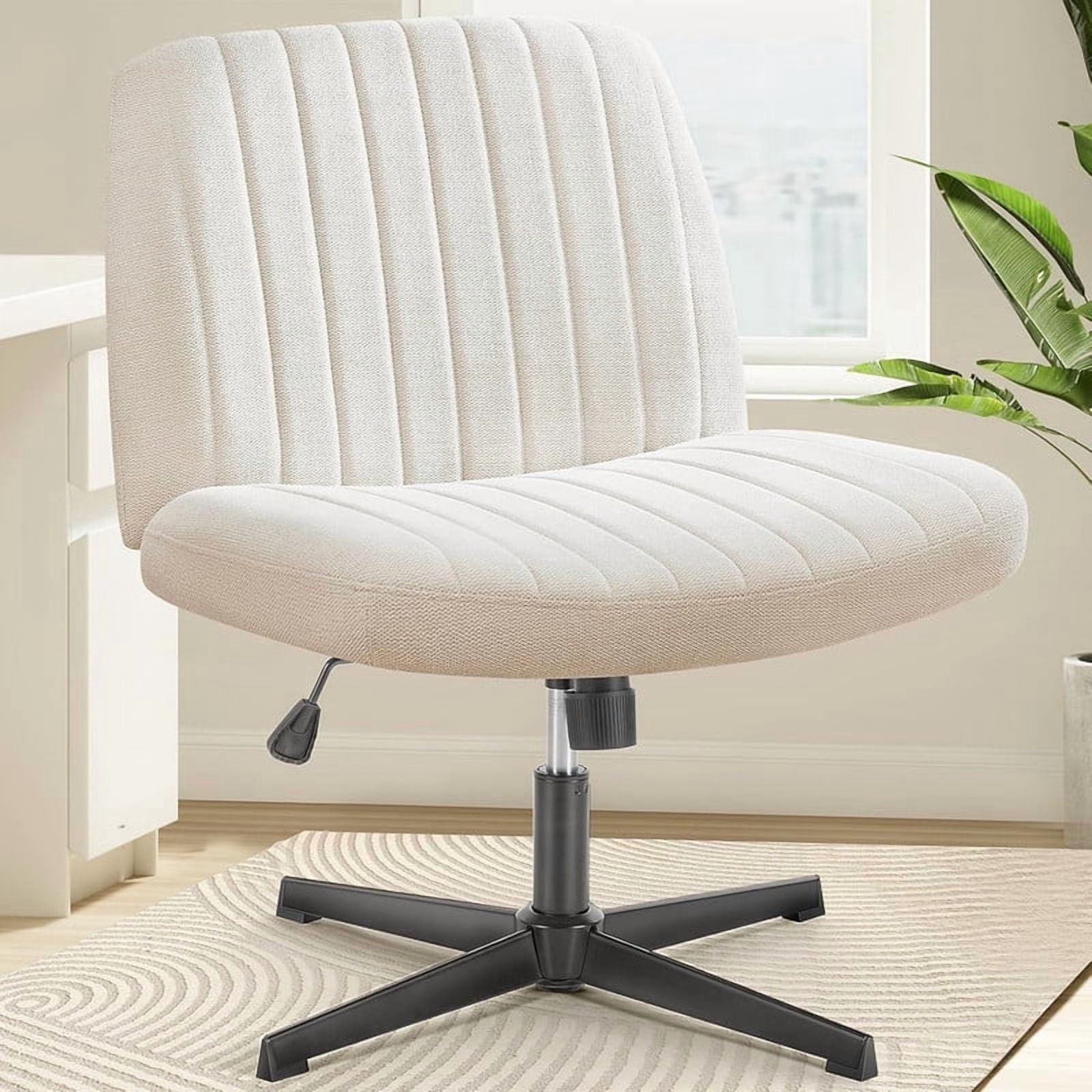 Kelno Linen Cross Legged Desk Chair Wide Seat Chair Ergonomic Height Adjustable Swivel Office Vanity Chair, Beige