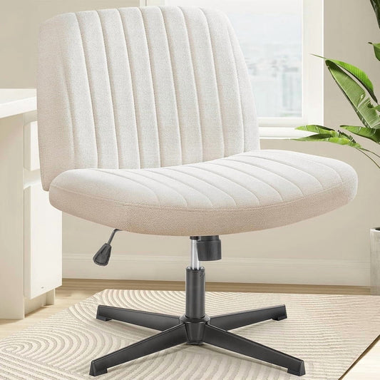 Kelno Linen Cross Legged Desk Chair Wide Seat Chair Ergonomic Height Adjustable Swivel Office Vanity Chair, Beige