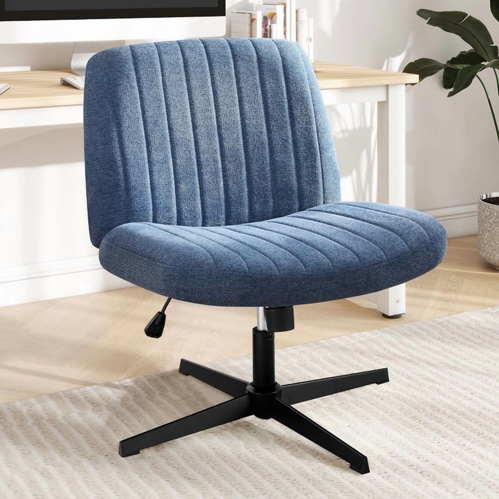 Kelno Linen Cross Legged Desk Chair Wide Seat Chair Ergonomic Height Adjustable Swivel Office Vanity Chair, Blue