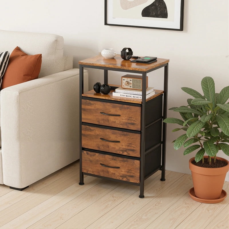 Kelno Nightstand with Charging Station Variable LED Strip End Table with 3 Fabric Drawers USB TypeC Outlets,Rustic Brown