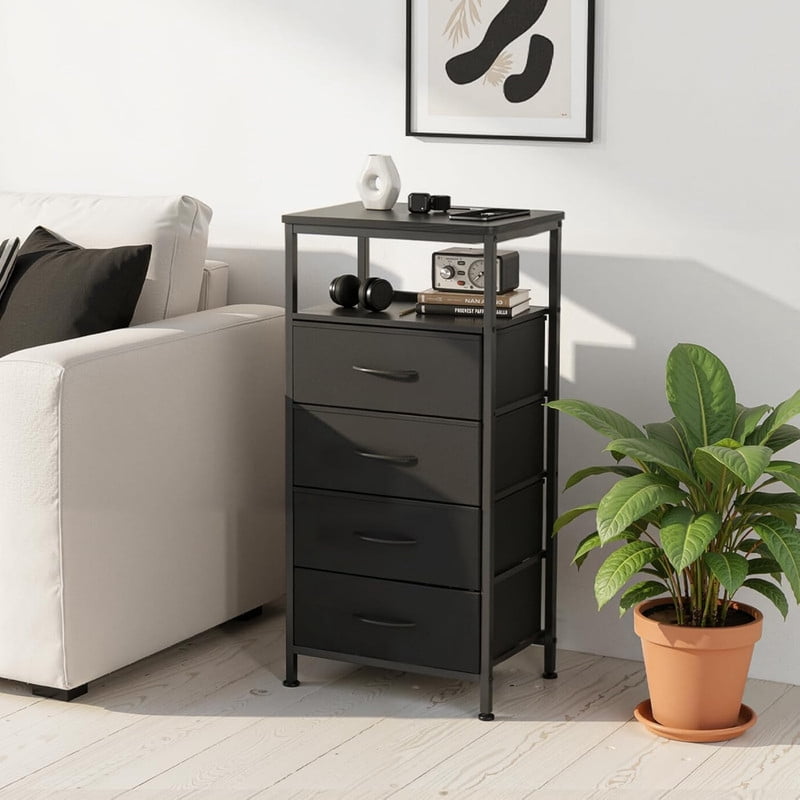 Kelno Nightstand with Charging Station Variable LED Strip End Table with 4 Fabric Drawers USB TypeC Outlets,Black