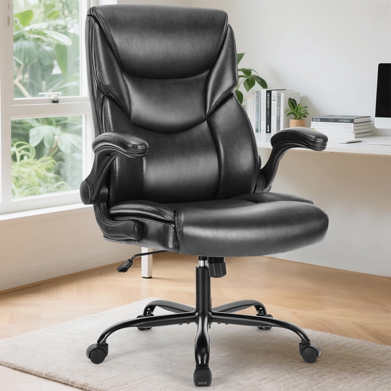 Kelno PU Leather Executive Office Chair with Flip Up Armrest Ergonomic Drafting Chair,Black