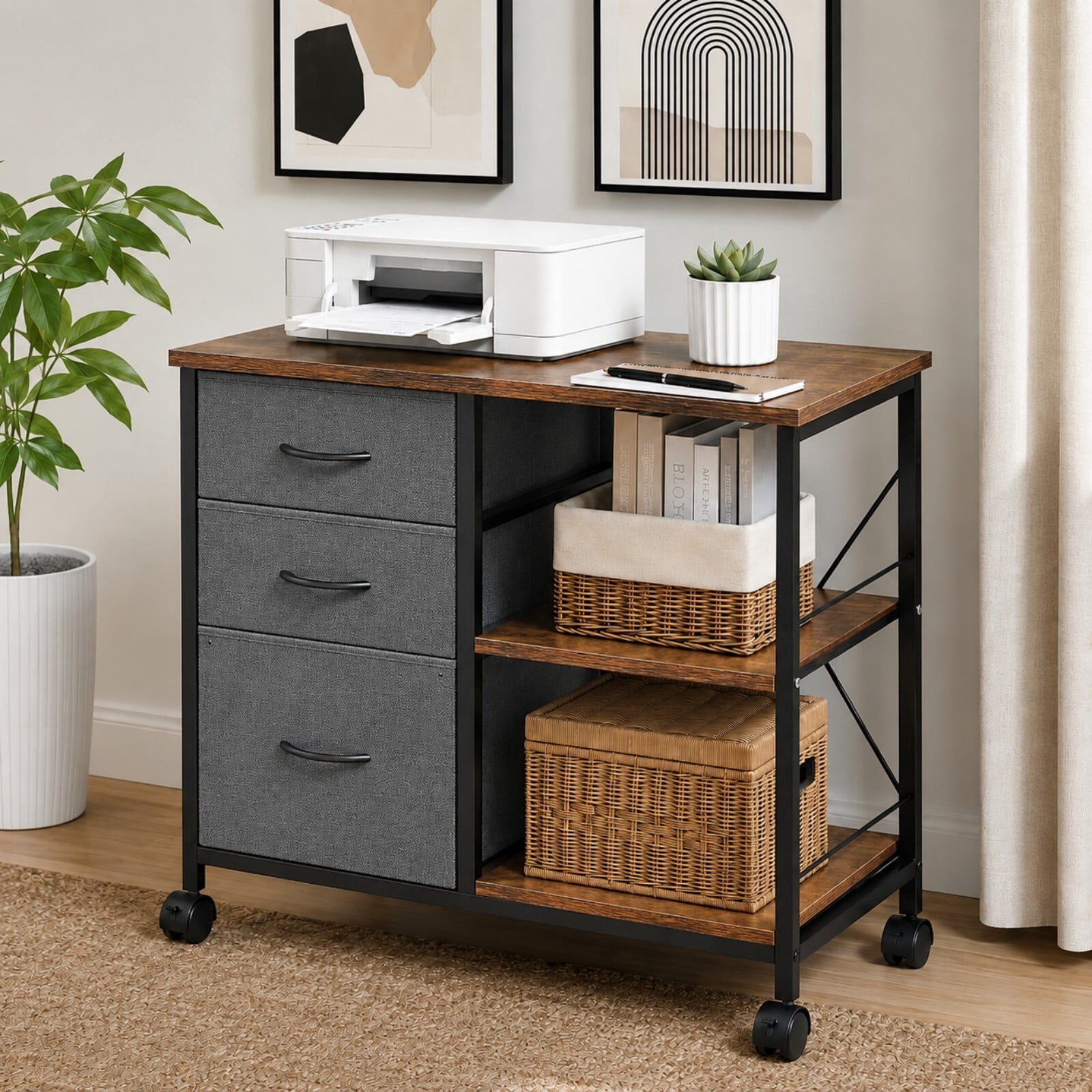 Kelno Rolling File Cabinet with Adjustable Shelf 3 Fabric Drawers Lockable Wheels, Rustic Brown