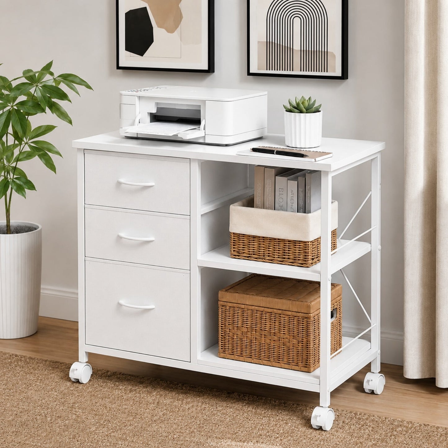 Kelno Rolling File Cabinet with Adjustable Shelf 3 Fabric Drawers Lockable Wheels, White