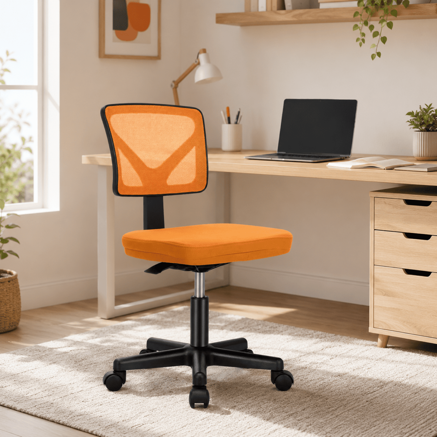 Kelno Small Desk Chair with Wheels Adjustable Computer Desk Chair with Lumbar Support Mesh Ergonomic Low-Back Office Chair, Orange