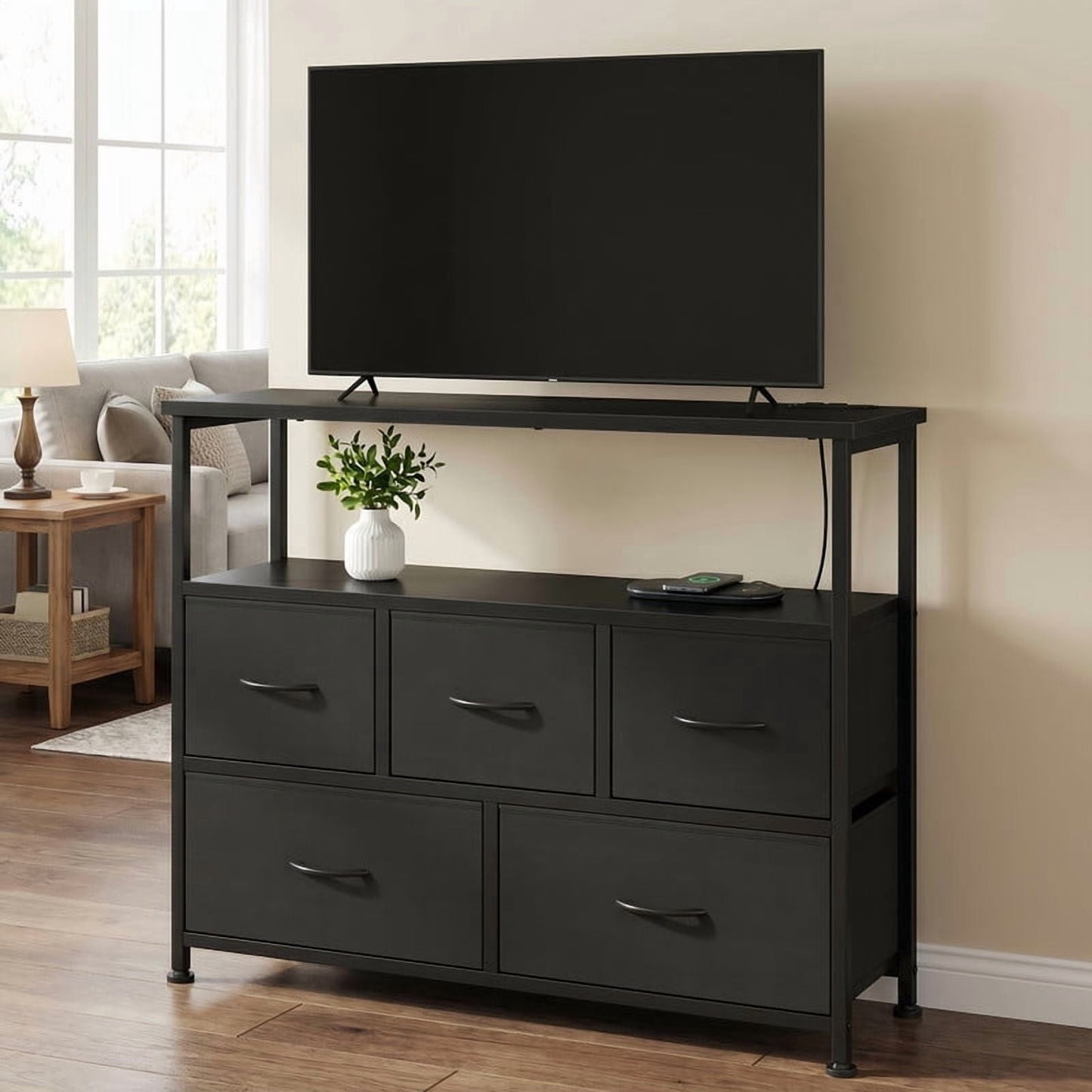 Kelno TV Stand Dresser 8 Fabric Drawers Storage Cabinet with Open Shelf Built in AC USB Type C Charging Station, Rustic Brown