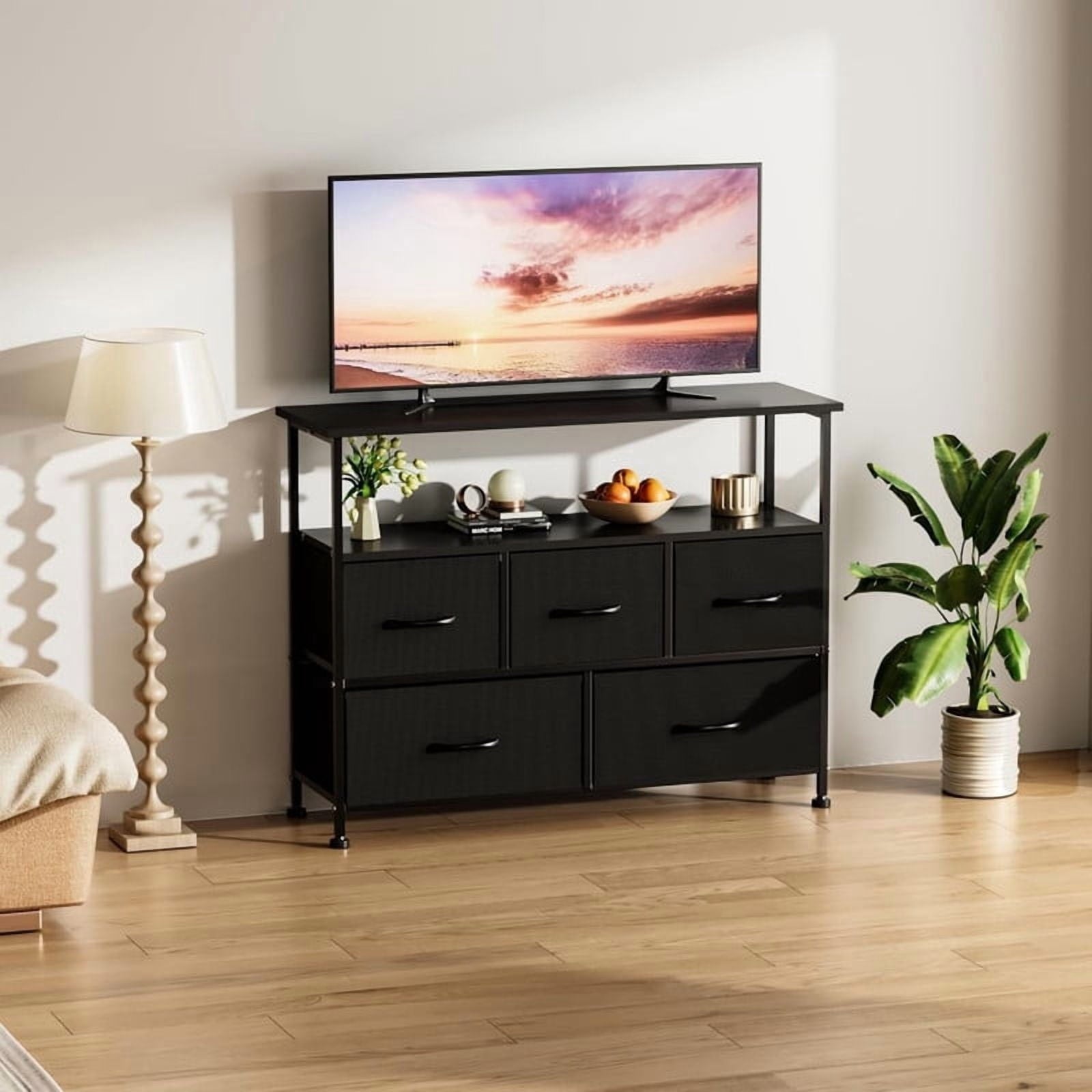 Kelno TV Stand with 5 Fabric Drawer Dresser Chest Storage Organizer, Black