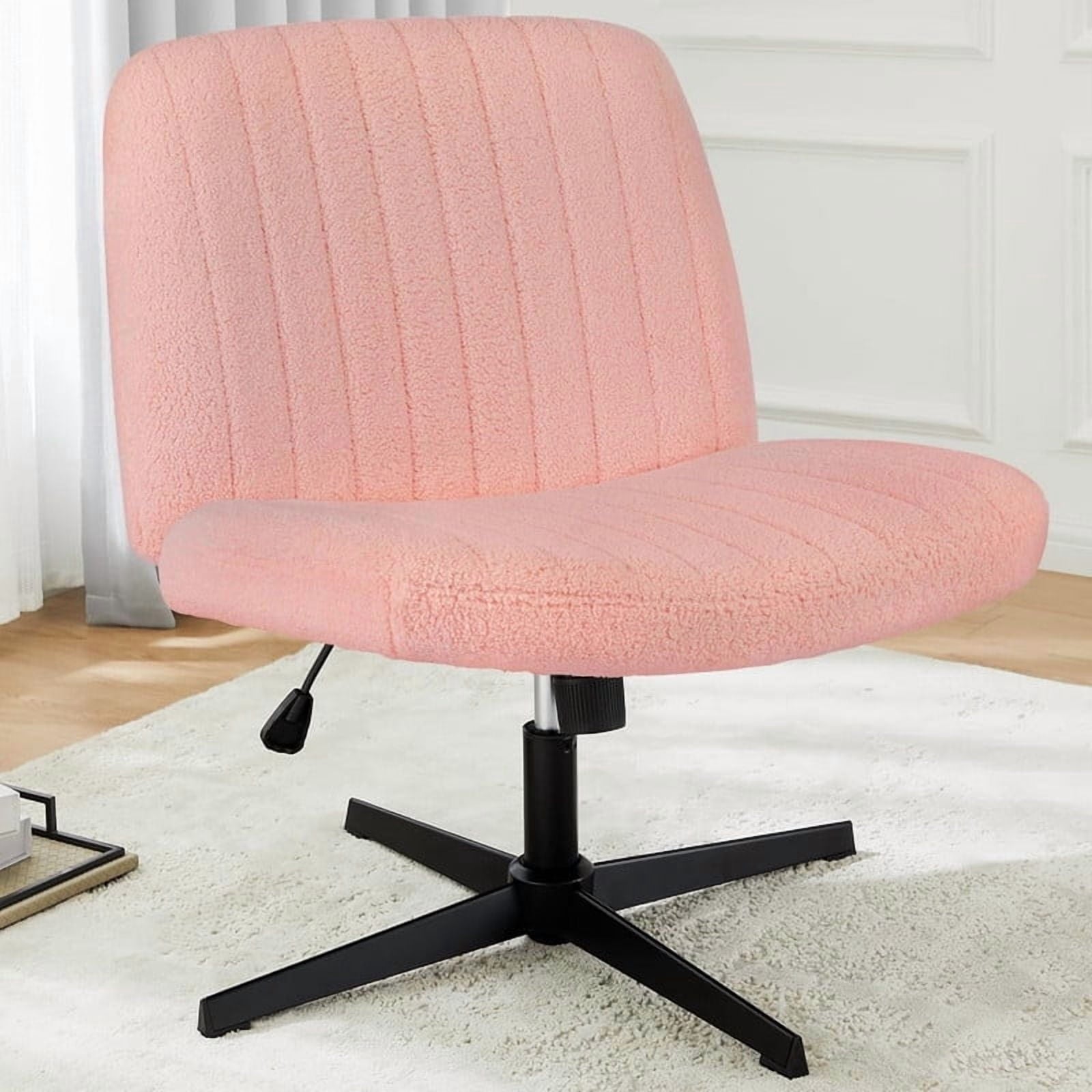 Kelno Teddy Cross Legged Desk Chair Wide Seat Chair Ergonomic Height Adjustable Swivel Office Vanity Chair, Pink