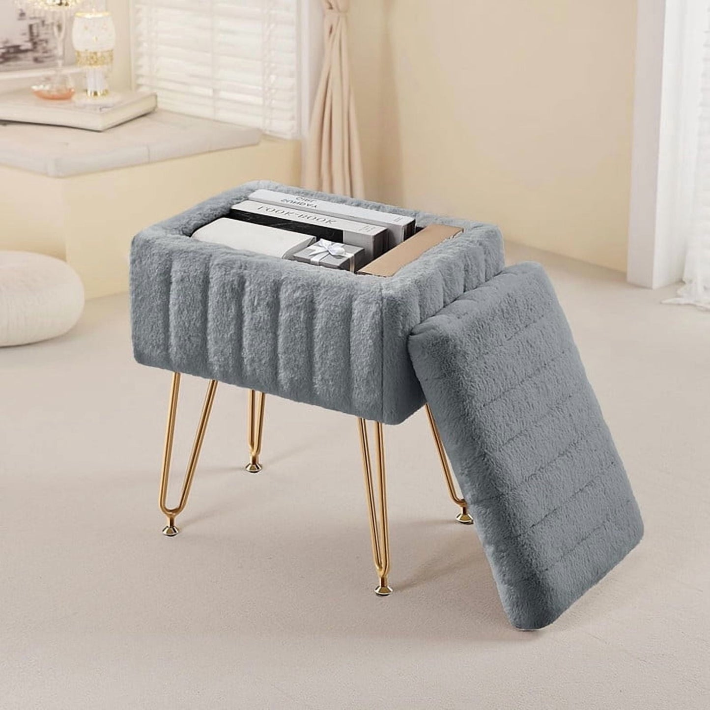Kelno Vanity Stool Chair Faux Fur Padded Seat Ottoman with Hidden Storage Metal Legs with Anti-Slip Feet,Gray