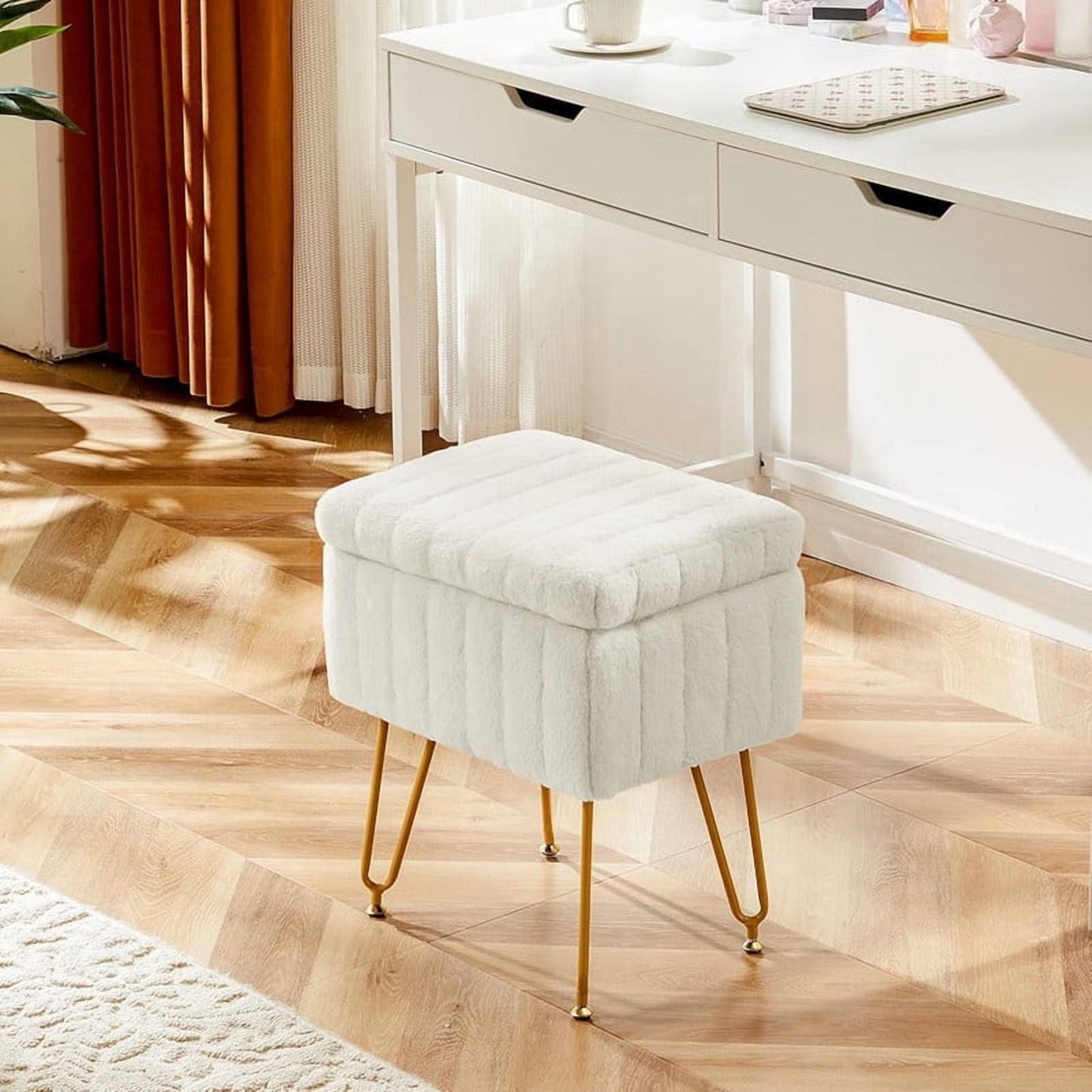 Kelno Vanity Stool Chair Faux Fur Padded Seat Ottoman with Hidden Storage Metal Legs with Anti-Slip Feet,White
