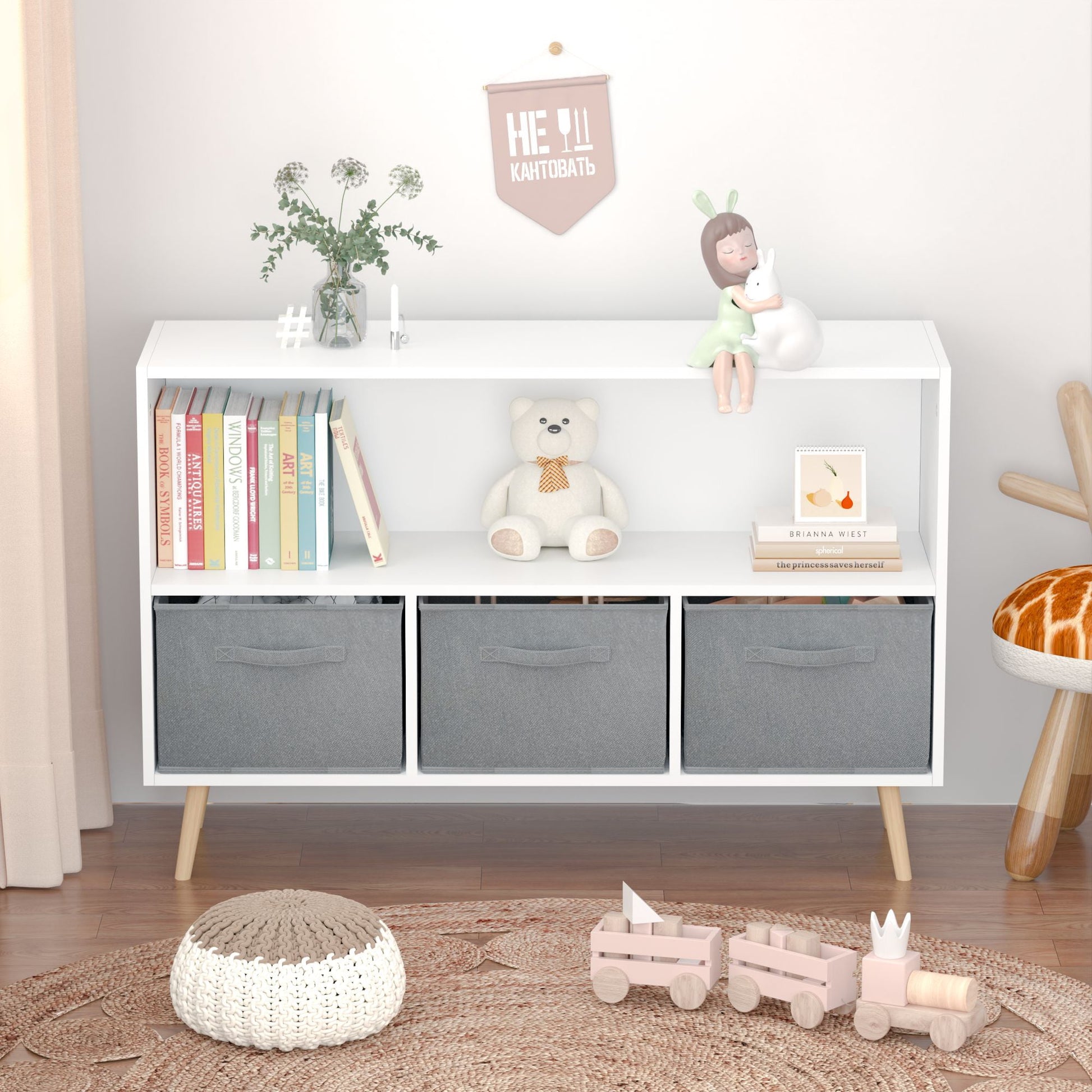 Kids Bookcase with Collapsible Fabric Drawers,Toy Storage Cubby,Children's Book Display,Toy Storage Cabinet Organizer,White/Gray