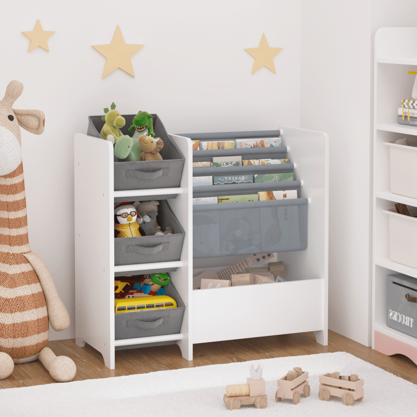 Kids Bookshelf Toy Storage Organizer, 4 Tier Book Shelf with 3 Collapsible Fabric Drawers, White Multifunctional Book Display for Playroom Nursery Toddlers Bedroom
