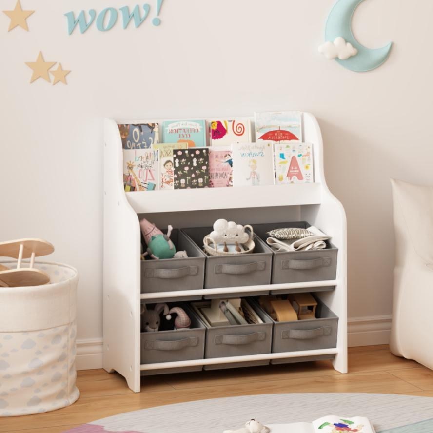 Kids Bookshelf, White and Gray with 6 Fabric Storage Bins and 3 Front-Facing Display Shelves, 27.95 Inch Children's Bookcase and Toy Organizer for Playroom, Bedroom, Nursery