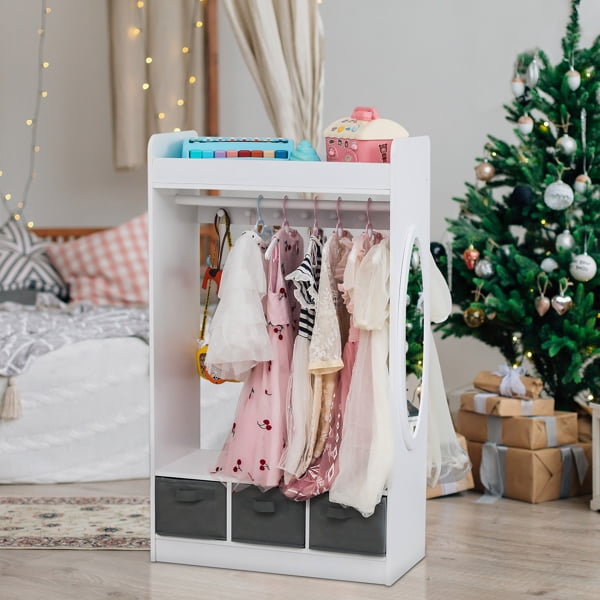 Kids Costume Organizer Rack, White Open Hanging Armoire Closet w/Full-Length Mirror, Playroom Storage for Dress-Up Clothes & Toys