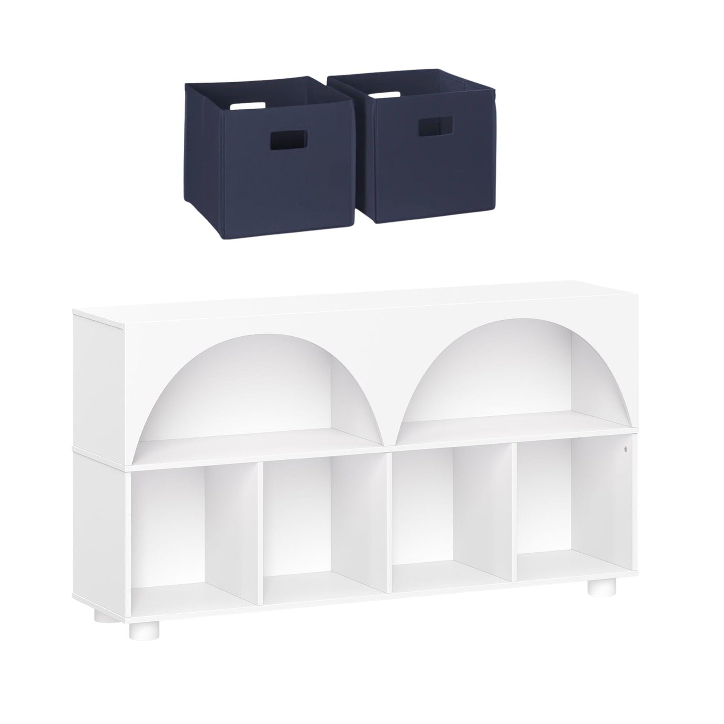RiverRidge Kids Curve Appeal 46in Arched Bookcase with Cubby Storage Shelf and 2 Gray Bins