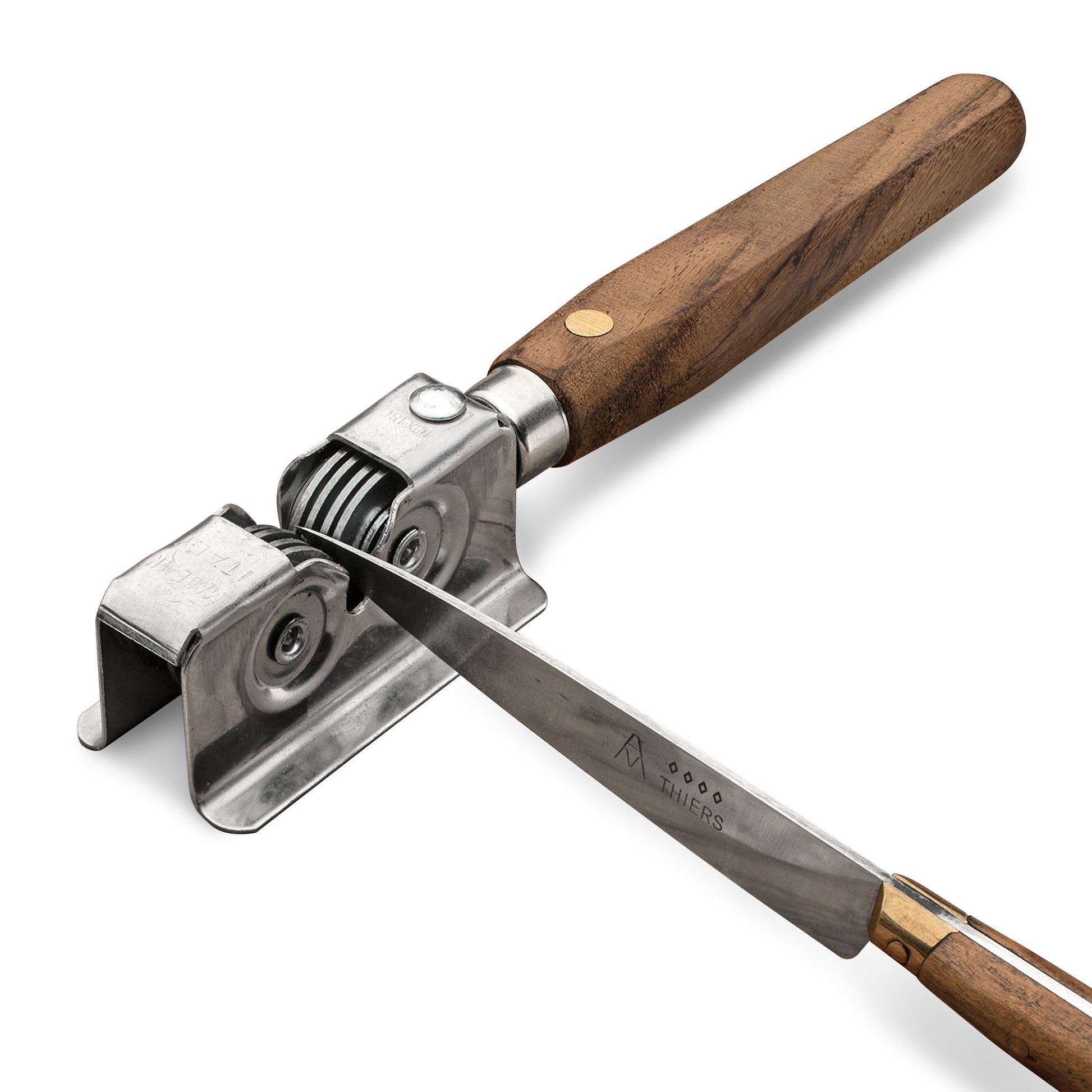 Afilador de Cuchillos - Herramienta de Afilado Manual de Mano para Hojas Fijas, Cuchillos de Bolsillo y Cuchillos de Cocina - Afilador de Cuchillos con Discos de Afilado de Acero Giratorios y Mango de Bubinga por Kings County Tools