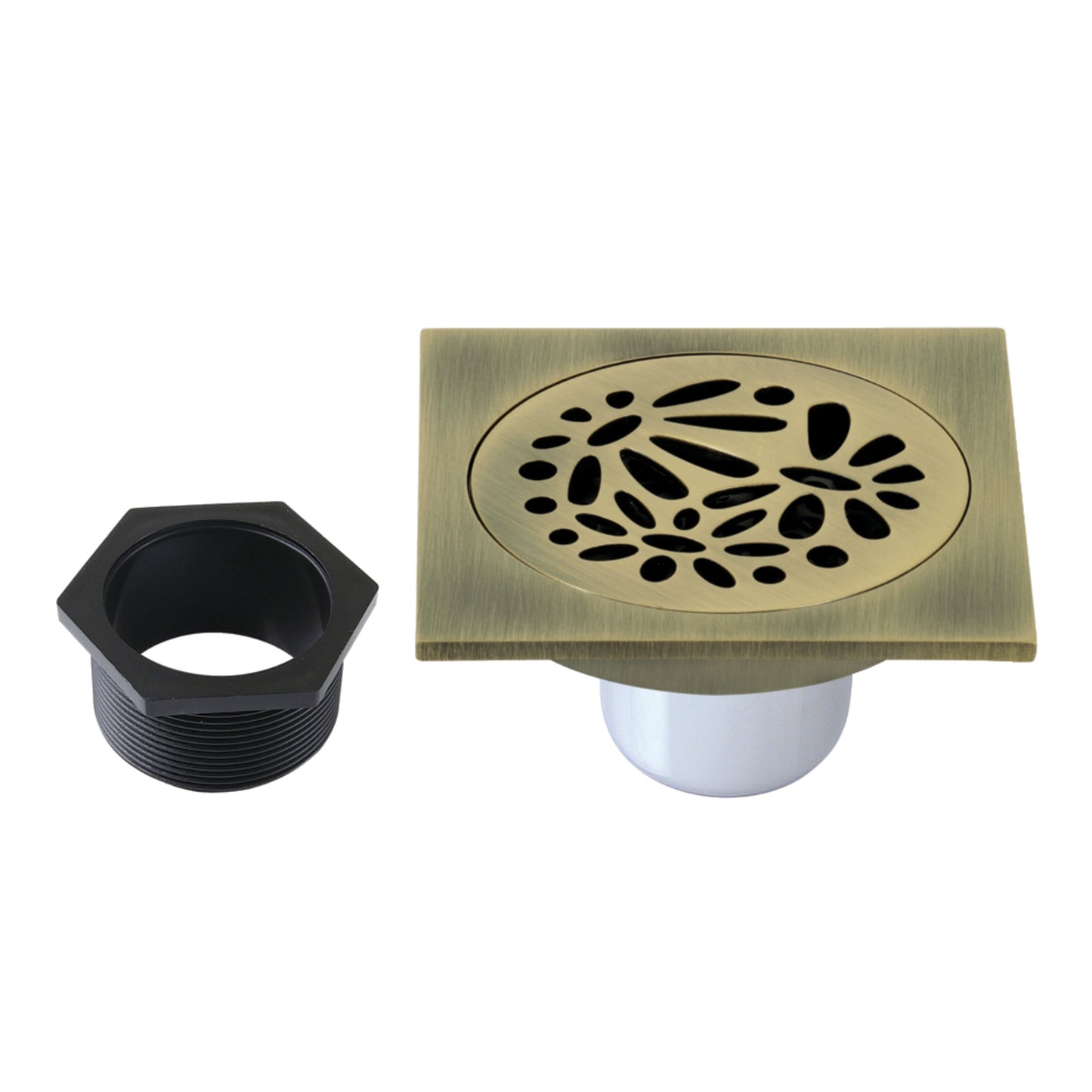 Kingston Brass BSF6360AB Watercourse Floral 4-Inch Brass Square Grid Shower Drain with Hair Strainer in Antique Brass