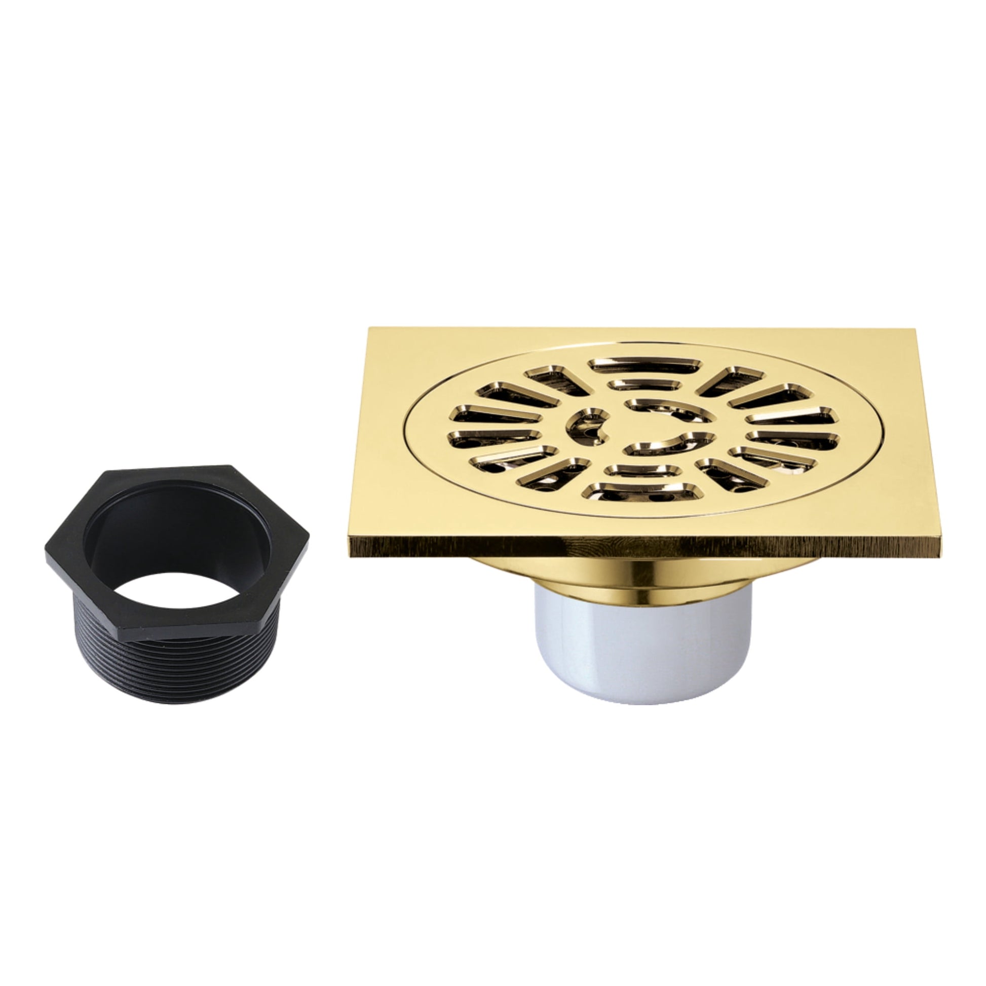 Kingston Brass BSF4267PB Watercourse 4-Inch Brass Square Grid Shower Drain with Hair Strainer in Polished Brass