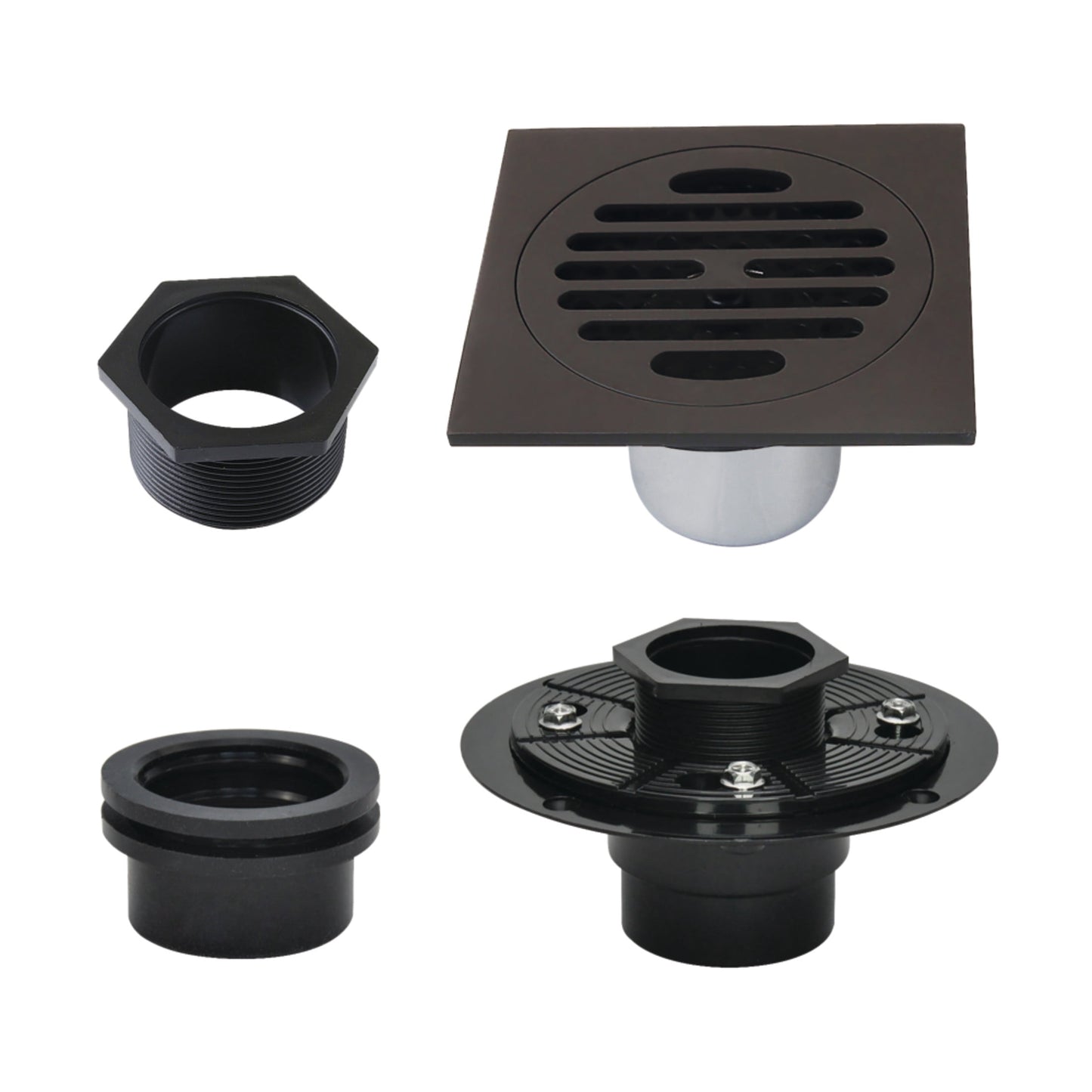 Kingston BSFK4262ORB Watercourse 4-Inch Brass Square Grid Shower Drain with Hair Strainer and Base Flange in Oil Rubbed Bronze
