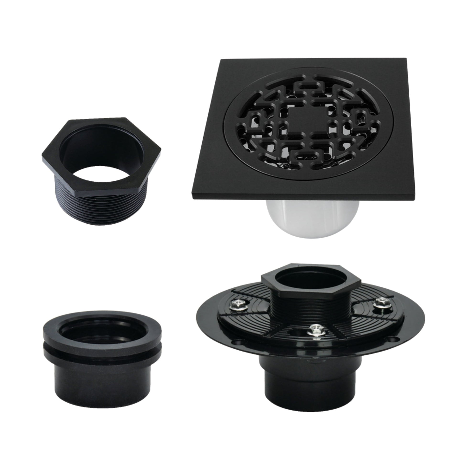 Kingston Brass BSFK4272MB Watercourse 4-Inch Brass Square Grid Shower Drain with Hair Strainer and Base Flange in Matte Black