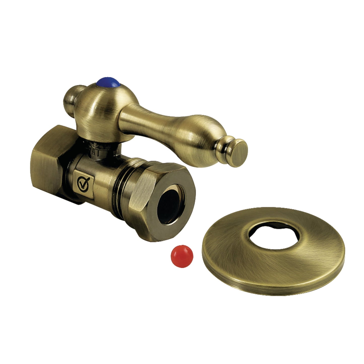 Kingston Brass CC44153K 1/2" FIP x 1/2" or 7/16" Slip Joint Quarter-Turn Straight Shut-Off Valve with Flange, Antique Brass