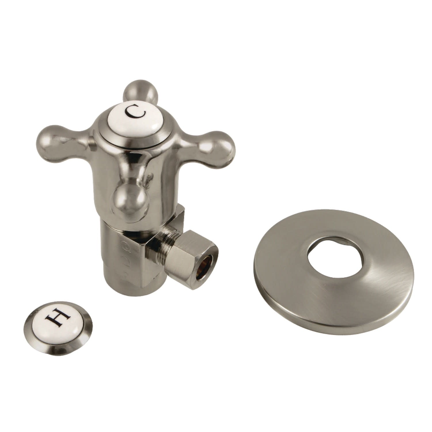 Kingston Brass CD43308BXK 1/2" FIP x 3/8" O.D. Anti-Seize Deluxe Quarter-Turn Ceramic Hardisc Cartridge Angle Stop with Flange, Brushed Nickel