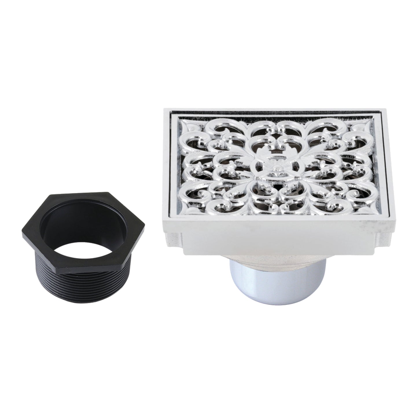 Kingston Brass BSF9771C Watercourse Scroll 4-Inch Brass Square Grid Shower Drain with Hair Strainer in Polished Chrome