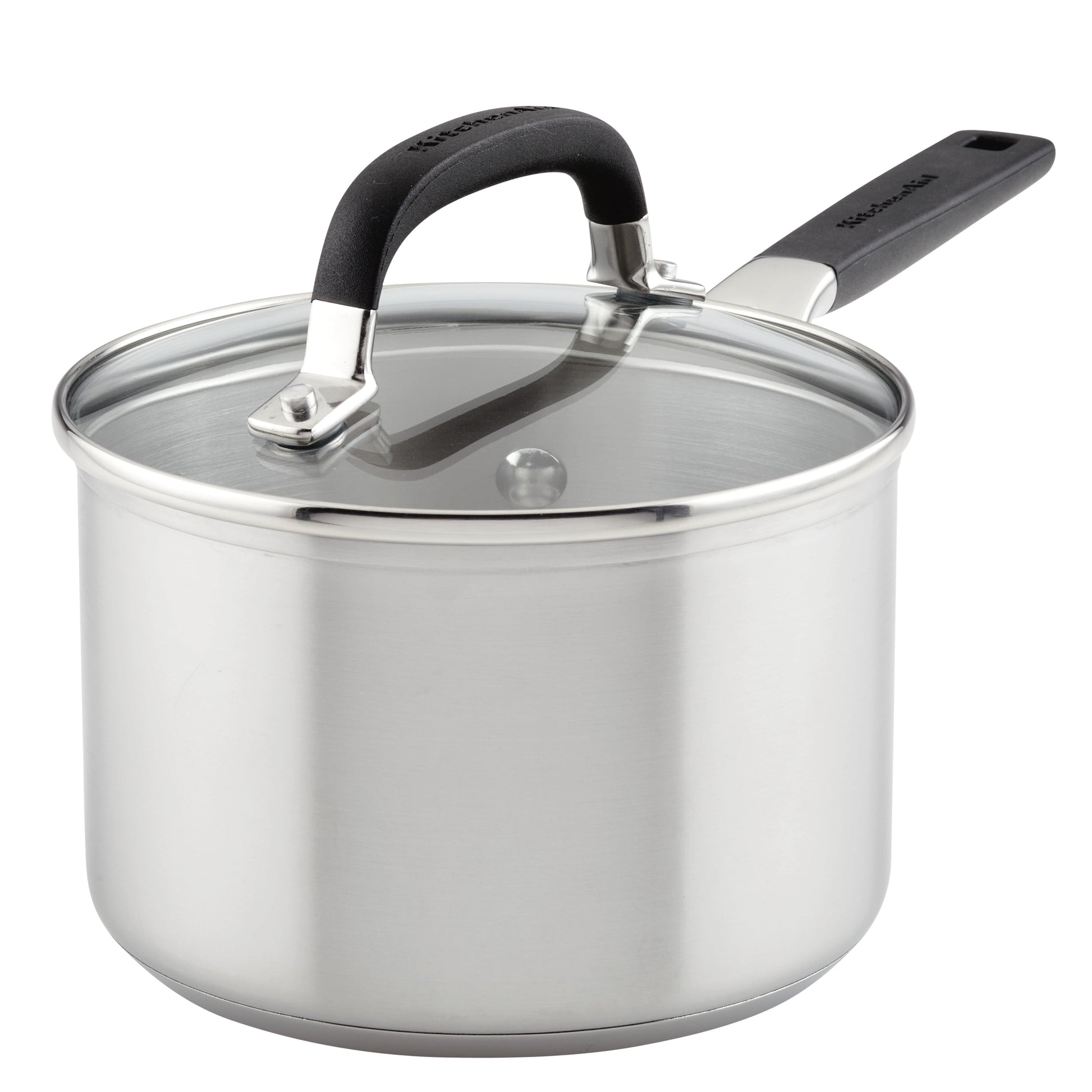 KitchenAid Stainless Steel 2 Quart Induction Sauce Pan with Measuring Marks and Lid Metal Utensil and Dishwasher Safe, Brushed Stainless Steel