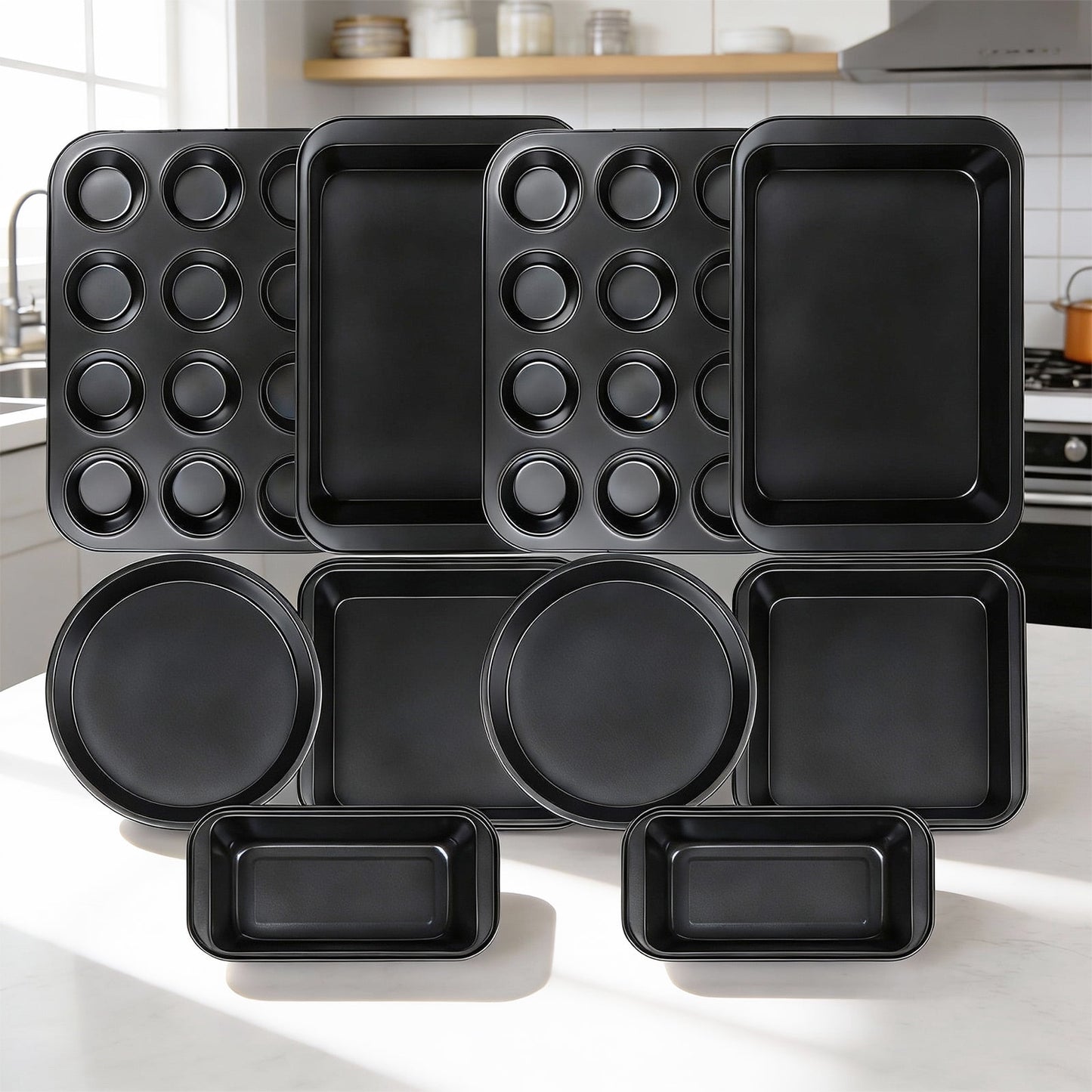 Koomade 10 Pieces Bakeware Set, Carbon Steel Non-Stick Baking Pan Set, Baking Sheet for Kitchen, Muffin Pan & Cookie Sheet & Cake Pan, Black