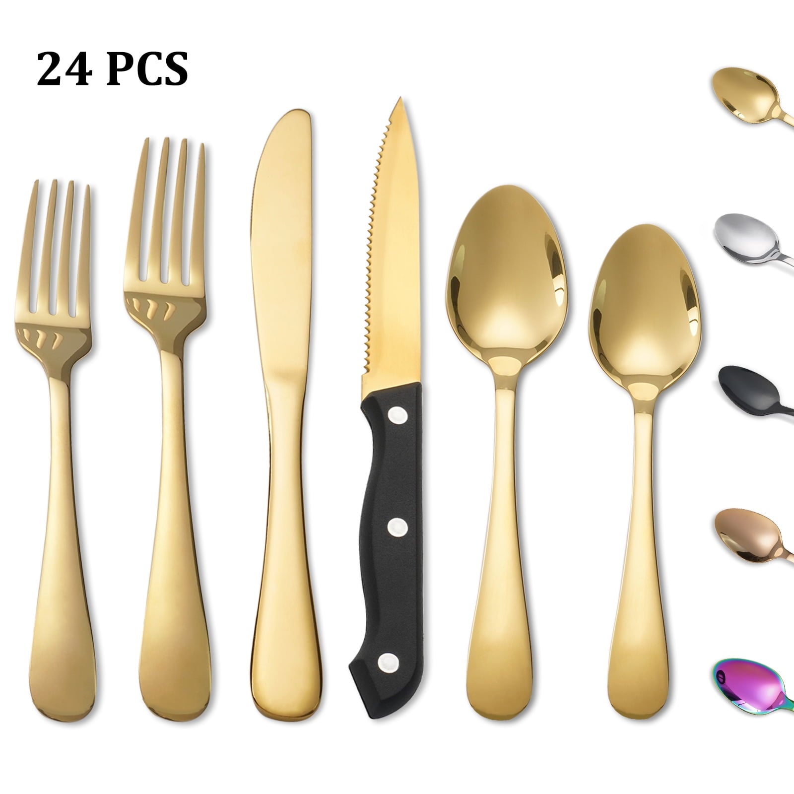 Koomade 24-Piece Stainless Steel Rainbow Flatware Set for 4 with Steak Knives