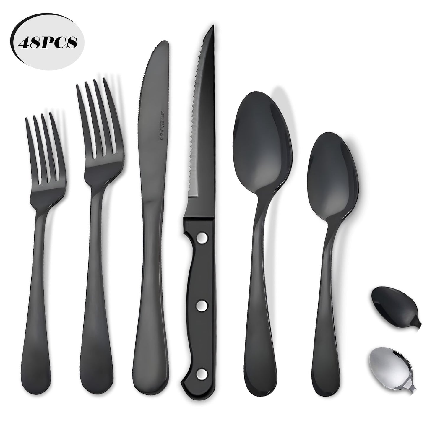 Koomade 48 Pieces Flatware Set For 8, with Steak Knives, Stainless Steel Cutlery Set, Tableware Utensils for Home Kitchen Restaurant Hotel, Dishwasher Safe, Black