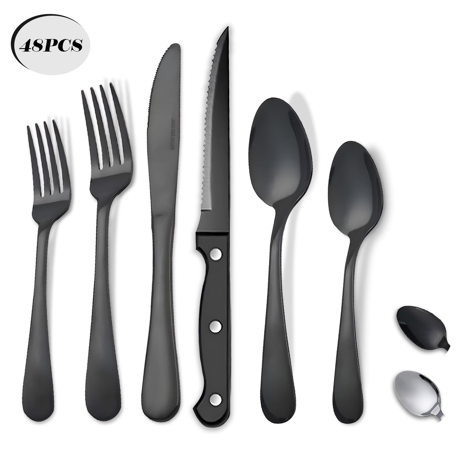 Koomade 48 Pieces Flatware Set For 8, with Steak Knives, Stainless Steel Cutlery Set, Tableware Utensils for Home Kitchen Restaurant Hotel, Dishwasher Safe, Black