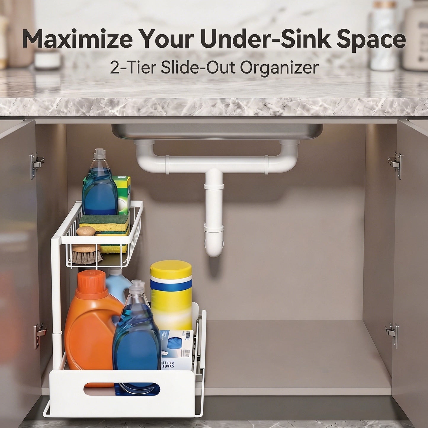 L-Shaped Under Sink Organizer, 2 Tier Pull Out Cabinet Organizer, Heavy Duty Metal Storage with Slide Out Drawer, Holds 50 Lbs, Rust-Proof Bathroom & Kitchen Sink Rack, White