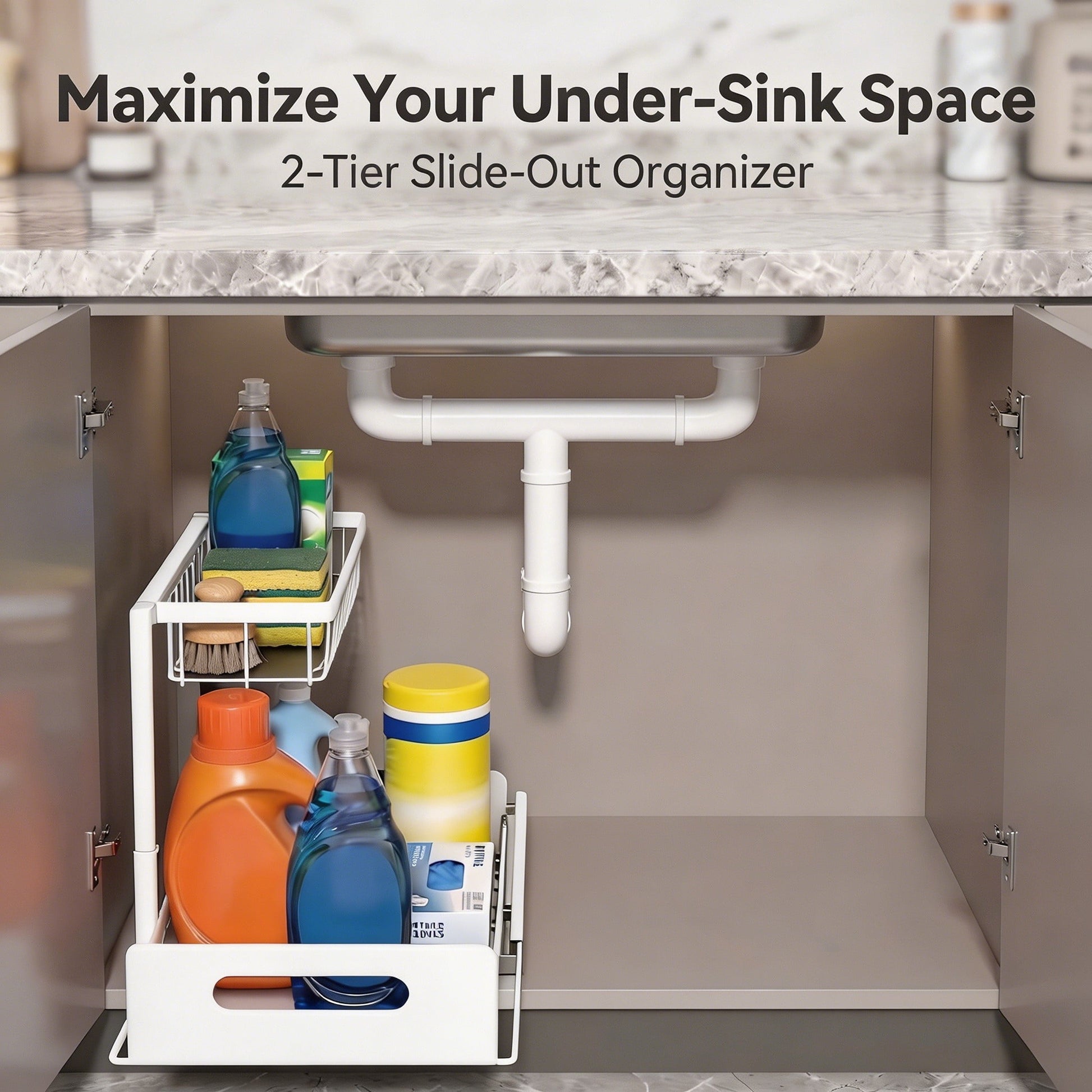 L-Shaped Under Sink Organizer, 2 Tier Pull Out Cabinet Organizer, Heavy Duty Metal Storage with Slide Out Drawer, Holds 50 Lbs, Rust-Proof Bathroom & Kitchen Sink Rack, White