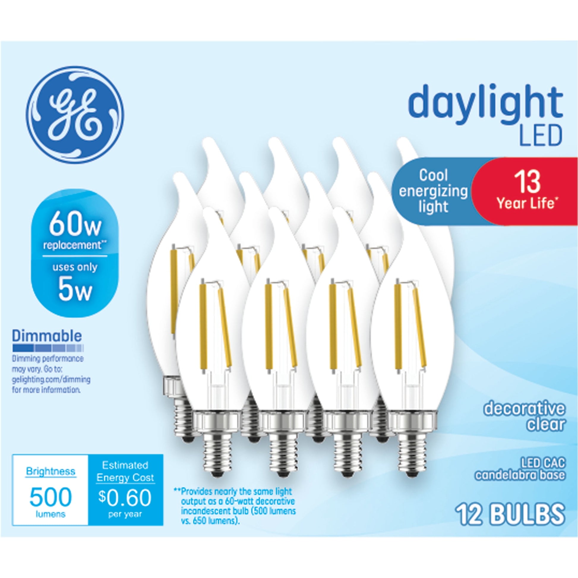 GE LED Light Bulbs, 60 Watt Replacement, Daylight, CA11 Decorative Candle Bulbs, 12pk