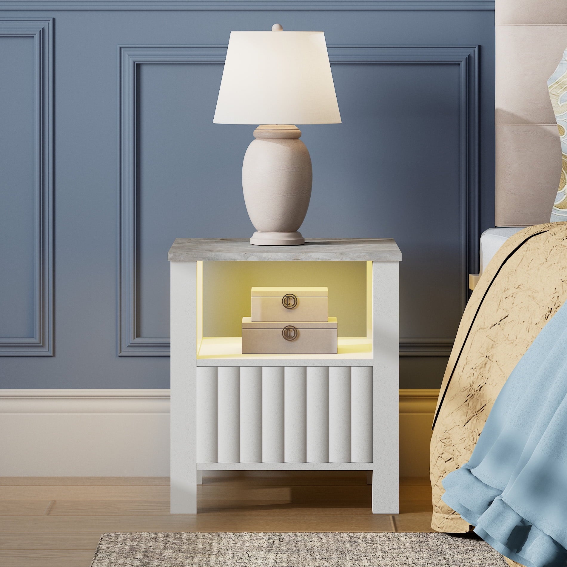 LED End Table with Door and Open Storage, White Modern Nightstands Side Table for Bedroom Living Room