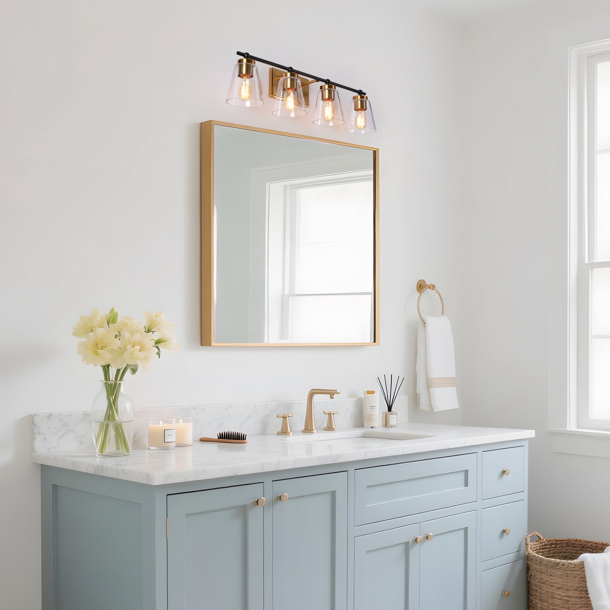 LNC Alumbrar 29-in Polished Gold and Matte Black Bathroom Vanity Light with Clear Glass Cone Shades, Modern, 4-Light