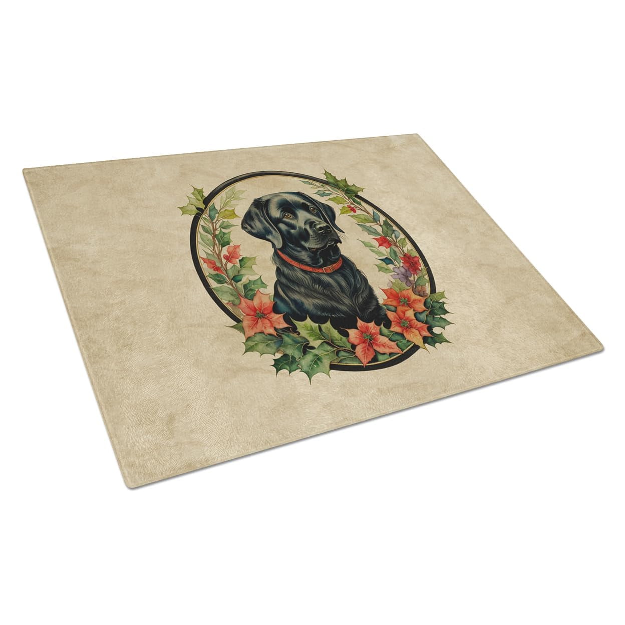 Labrador Retriever Christmas Flowers Glass Cutting Board 12 in x 15 in