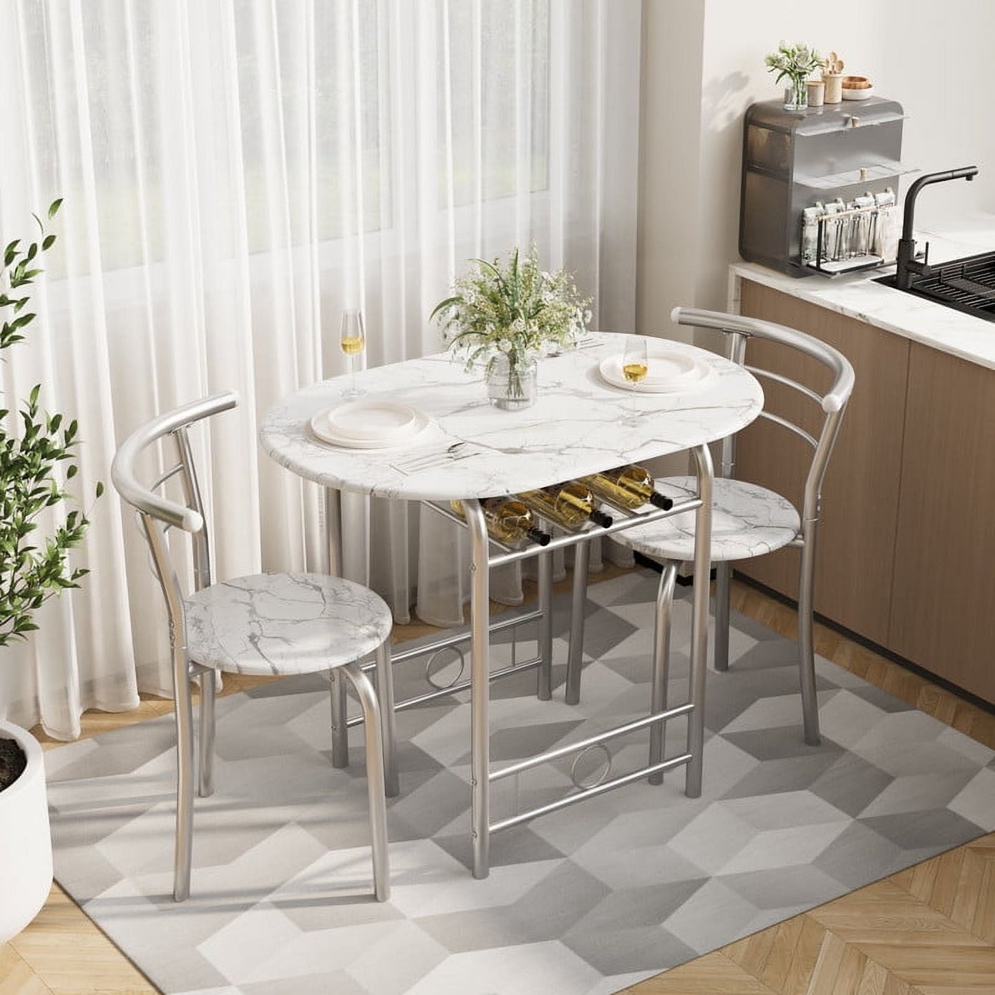 Lacoo 3-Piece Small Dining set, Table and Chair Set for 2 ,for Living Room, Dining Room, Kitchen, Marble & Sliver