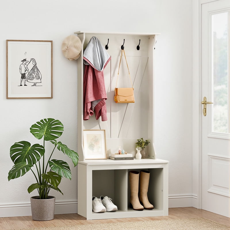 Lacoo 67'' 3-in-1 Entryway Organizer, Hall Tree with Coat Hooks and Shoe Storage Bench for Living Room, Bedroom, Entryway, White