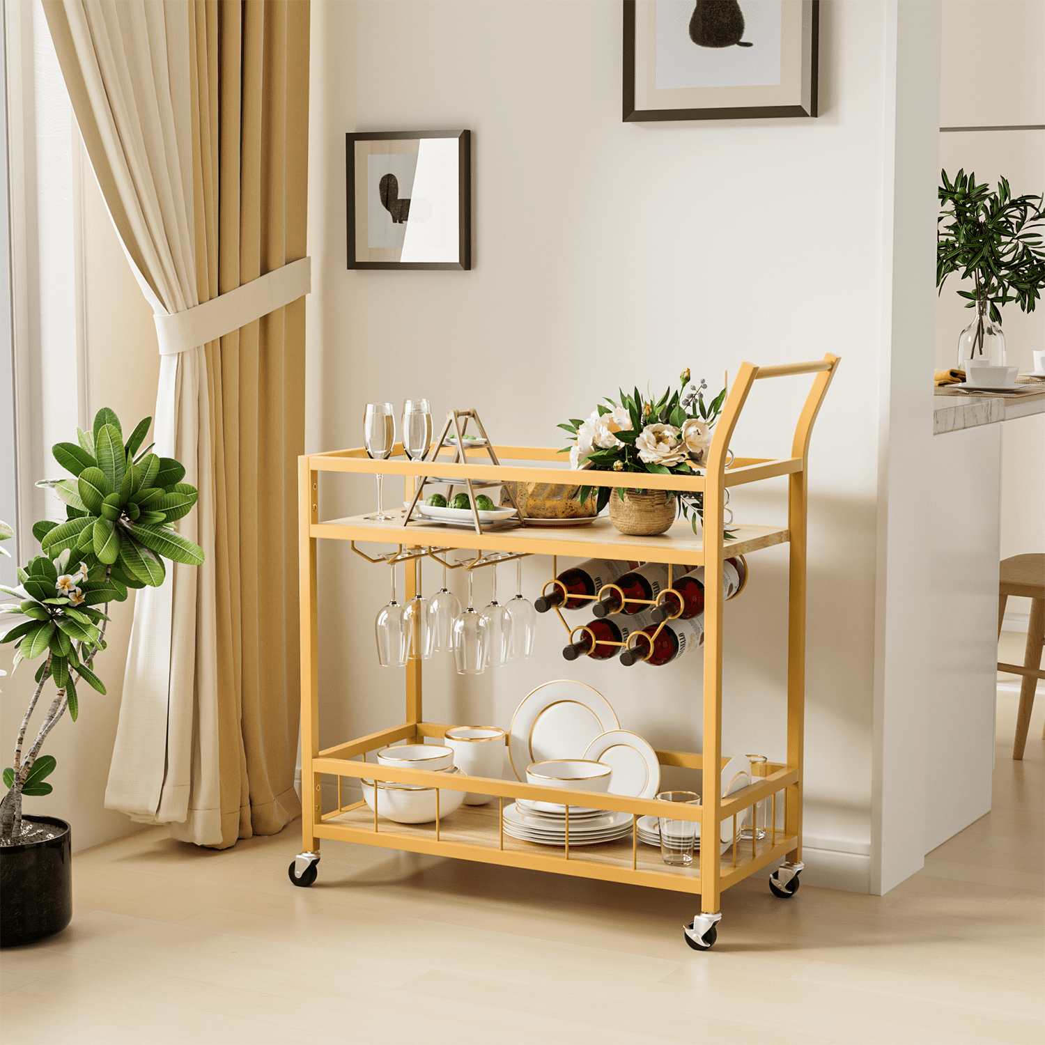 Lacoo Bar Cart Gold, Home Bar Serving Cart, Wine Cart with 2 Shelves, Wine Holders, Glass Holders, for Kitchen, Dining Room, Gold
