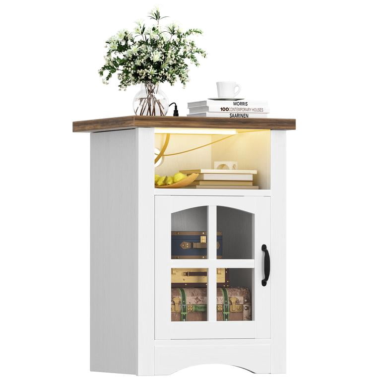 Lacoo End Table with LED Lights & Power Outlet, Side Table with Glass Door for Living Room, Nightstand with Storage for Bedroom, White