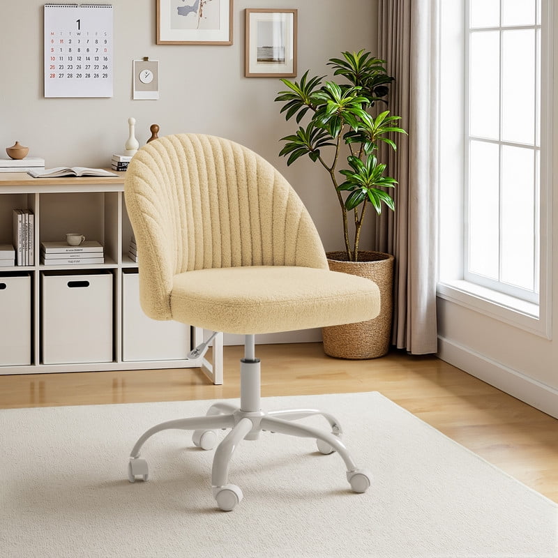 Lacoo Modern Vanity Chair with Back, Teddy Velvet Desk Chair for Bedroom, Living Room or Study,Small Office Chair,Yellow