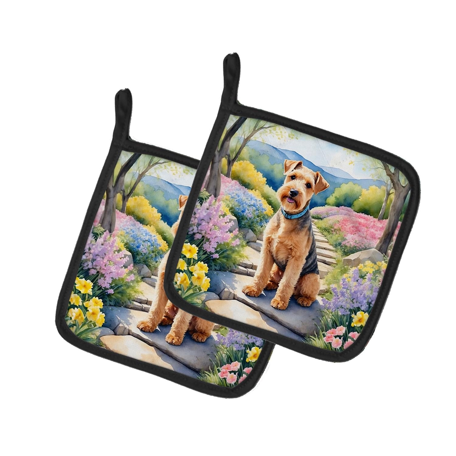 Lakeland Terrier Spring Path Pair of Pot Holders 7.5 in x 7.5 in