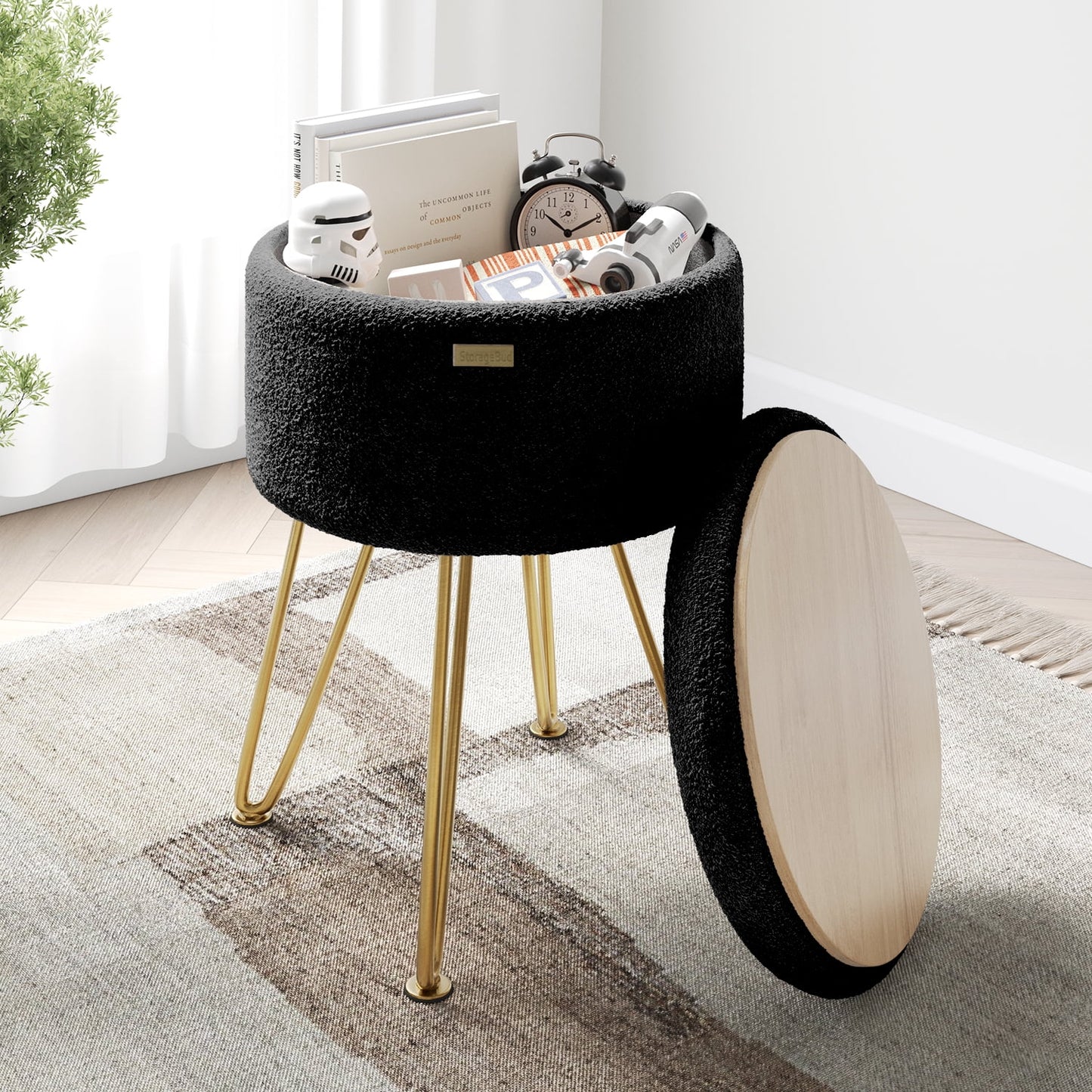 LammaLoe Small Round Ottoman with Storage, Boucle Ottoman Foot Stool with Lid, Upholstered Vanity Stool for Living Room & Bedroom, Black