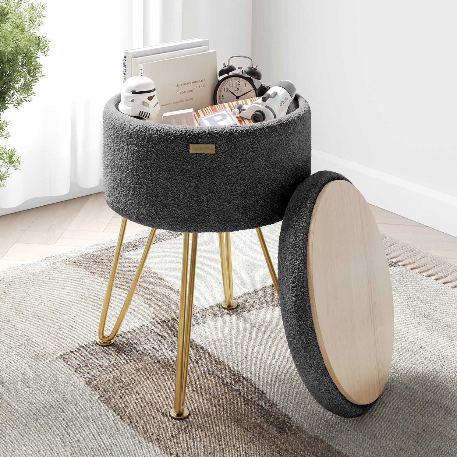 LammaLoe Small Round Ottoman with Storage, Boucle Ottoman Foot Stool with Lid, Upholstered Vanity Stool for Living Room & Bedroom, Grey